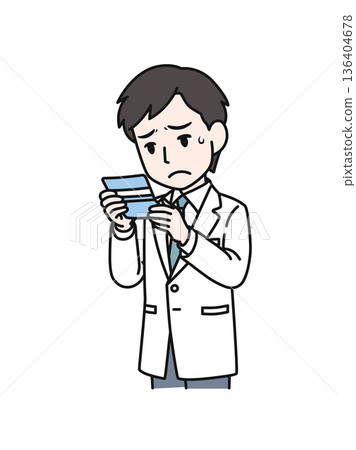 插圖描繪了一位身穿白大褂的男性醫護人員,在看到銀行存摺後情緒低落。 插圖描繪了一位身穿白大褂的男性醫護人員,在看到銀行存摺後情緒低落。 136404678