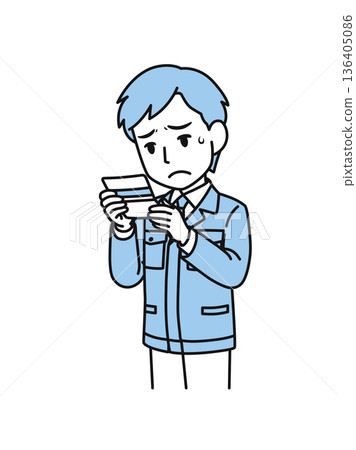 Illustration material of a man in a technical job in work clothes who is depressed after seeing the balance in his bankbook Illustration material of a man in a technical job in work clothes who is depressed after seeing the balance in his bankbook 136405086