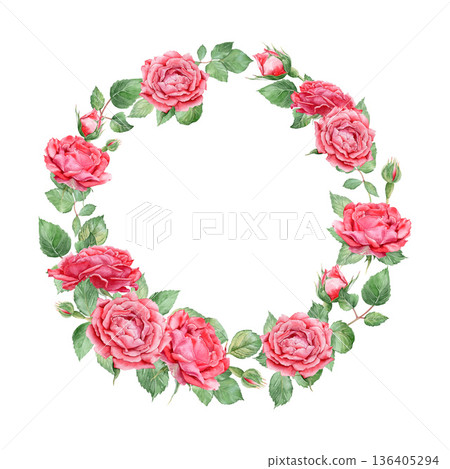 Watercolor wreath with red roses green leaves hand drawn . Elegant round floral border for logo and wedding design . Watercolor wreath with red roses green leaves hand drawn . Elegant round floral border for logo and wedding design . 136405294
