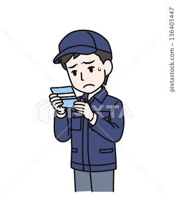 Illustration material of a man in work clothes wearing a hat who is depressed after seeing the balance in his bankbook Illustration material of a man in work clothes wearing a hat who is depressed after seeing the balance in his bankbook 136405447