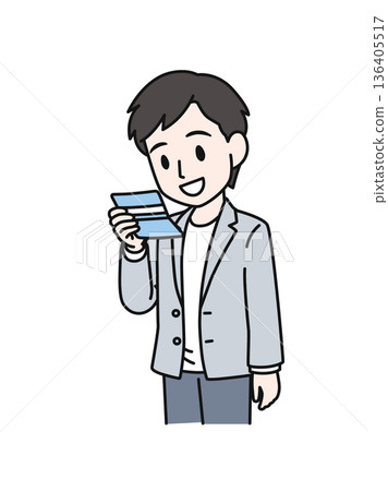 一位男士正在查看銀行帳簿的插圖素材 136405517