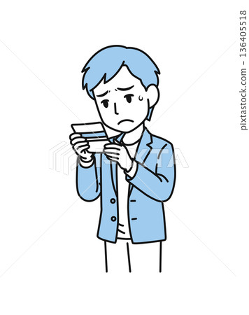 Illustration material of a casual-style man depressed after seeing the balance in his bankbook Illustration material of a casual-style man depressed after seeing the balance in his bankbook 136405518