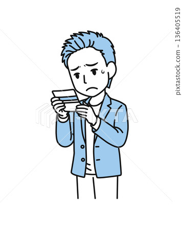 插畫素材：一位休閒裝扮的男士在看到銀行存摺餘額後情緒低落 136405519