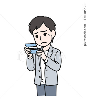 插畫素材：一位休閒裝扮的男士在看到銀行存摺餘額後情緒低落 136405520