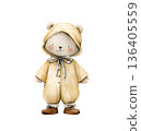 A cute cartoon bear, painted with watercolors, wearing a cozy yellow jumpsuit with a hood and a bow. 136405559