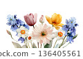 Watercolor illustration of a bouquet of spring flowers. Botanical art for invitations, greeting cards, and decor. 136405561