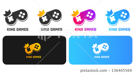 Modern collection of game controller logos with a crown element for King Games. Minimalist flat design with vibrant gradients, ideal for mobile game interface icons and tech branding. 136405569