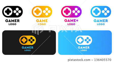 Professional gamer logo collection featuring minimalist gamepad icons with colorful gradients. Branding set for esports teams, YouTube channels, and gaming community identities. 136405570