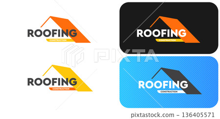 Roofing construction logo set with yellow house roof silhouettes, professional branding identity. Modern roofing construction logo collection featuring stylized yellow roof peaks and bold typography 136405571
