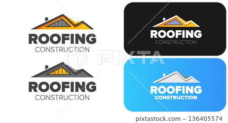 Roofing construction logo set with yellow house roof silhouettes, professional branding identity. Modern roofing construction logo collection featuring stylized yellow roof peaks and bold typography Roofing construction logo set with yellow house roof silhouettes, professional branding identity. Modern roofing construction logo collection featuring stylized yellow roof peaks and bold typography 136405574