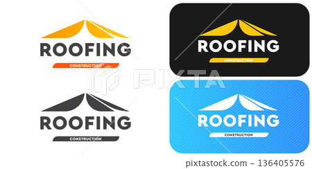 Roofing construction logo set with yellow house roof silhouettes, professional branding identity. Modern roofing construction logo collection featuring stylized yellow roof peaks and bold typography Roofing construction logo set with yellow house roof silhouettes, professional branding identity. Modern roofing construction logo collection featuring stylized yellow roof peaks and bold typography 136405576