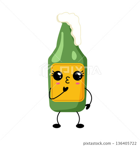 Kawaii green beer bottle illustration with cute facial features and arms Kawaii green beer bottle illustration with cute facial features and arms 136405722