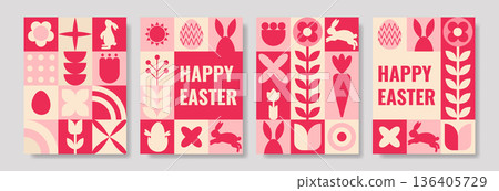 Geometric Easter posters with floral and bunny designs in pink tones 136405729