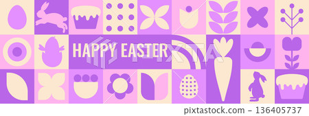Happy Easter banner with minimalist elements: cute rabbits, Easter eggs, and abstract geometric shapes. Happy Easter banner with minimalist elements: cute rabbits, Easter eggs, and abstract geometric shapes. 136405737