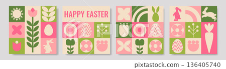 Abstract geometric cards set Happy Easter with a rabbit, eggs, carrots, flowers, and chicken. Abstract geometric cards set Happy Easter with a rabbit, eggs, carrots, flowers, and chicken. 136405740