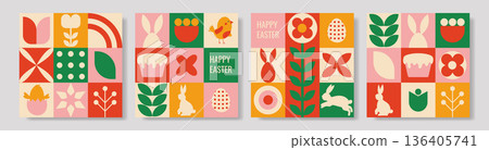 Set of Easter cards in Geometric style with colorful illustration. 136405741