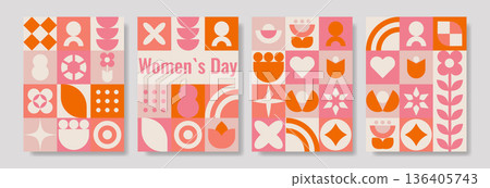 Set bright flyers for International Women's Day in pink and orange colors. Set bright flyers for International Women's Day in pink and orange colors. 136405743