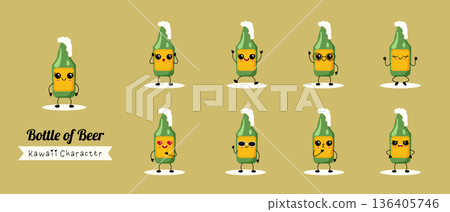 Beer kawaii characters showing various emotions. Colorful beer bottle characters expressing different feelings and moods Beer kawaii characters showing various emotions. Colorful beer bottle characters expressing different feelings and moods 136405746