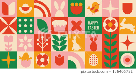 Vivid mosaic with playful seasonal images. Dynamic grid of cheerful shapes and charming symbols for celebrations Vivid mosaic with playful seasonal images. Dynamic grid of cheerful shapes and charming symbols for celebrations 136405751