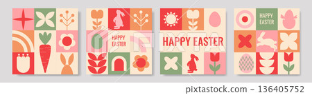 Pastel Easter Motifs for Creative Projects. Whimsical and Soft Pastel Easter Tile Set Showcasing Carrots and Tulits 136405752