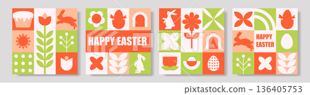 Vibrant Easter artwork. Colorful collection of Easter themed illustrations featuring pastel tiles and cheerful geometric shapes Vibrant Easter artwork. Colorful collection of Easter themed illustrations featuring pastel tiles and cheerful geometric shapes 136405753