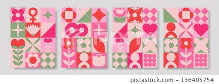 Series of lively geometric flower tiles featuring rounded petals and stylized leaves for modern interior styling 136405754