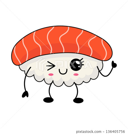 Bright pink smiling seafood illustration for branding. Vivid depiction of happy salmon sushi figure for packaging 136405756