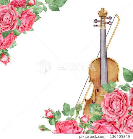 Watercolor square frame with classic violin,bow and vintage red roses hand drawn. Romantic musical border isolated on white background for valentines day, wedding, mother's day and music events.  136405849