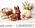 Easter composition with chocolate bunny, eggs in nest and spring flowers on white background. 136405957