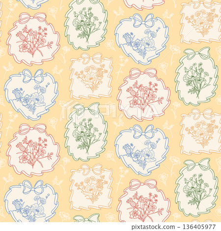 Seamless floral pattern with hand drawn wildflower bouquets inside decorative frames and bows on soft pastel background. Concept of vintage botanical design for textile, wallpaper, stationery 136405977