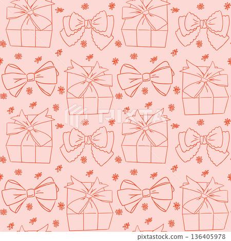 Seamless romantic pattern with hand drawn gift box and ribbon bow icons in simple line style on soft pastel background. Concept of love celebration, birthday or holiday wrapping design for packaging 136405978