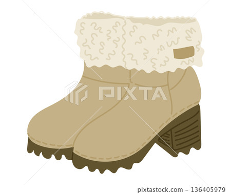 Warm winter boots illustration with cozy fur lining and chunky sole in soft neutral colors isolated on white background. Concept of cold weather footwear, comfort, seasonal fashion 136405979