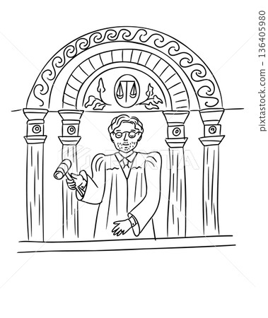 Hand drawn line illustration of a judge holding a gavel under an ornate classical arch with columns isolated on white background. Concept of justice system, law authority, court decision Hand drawn line illustration of a judge holding a gavel under an ornate classical arch with columns isolated on white background. Concept of justice system, law authority, court decision 136405980