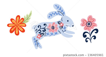 Folk style easter illustration with jumping rabbit decorated with floral ornaments and simple flowers isolated on white background. Concept of spring celebration, traditional folk art, easter symbol Folk style easter illustration with jumping rabbit decorated with floral ornaments and simple flowers isolated on white background. Concept of spring celebration, traditional folk art, easter symbol 136405981