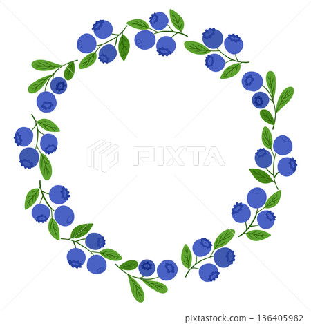Blueberry wreath illustration with hand drawn berry branches and green leaves arranged in a circular frame isolated on white background. Concept of natural botanical decoration, healthy food symbol Blueberry wreath illustration with hand drawn berry branches and green leaves arranged in a circular frame isolated on white background. Concept of natural botanical decoration, healthy food symbol 136405982