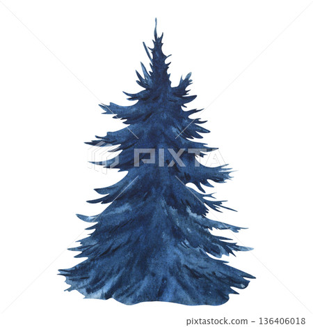Monochrome blue fir tree. Watercolor illustration of Fir tree on white background. Isolated of Christmas tree for design, invitation or postcards. Evergreen tree clipart. Wild nature landscape Monochrome blue fir tree. Watercolor illustration of Fir tree on white background. Isolated of Christmas tree for design, invitation or postcards. Evergreen tree clipart. Wild nature landscape 136406018