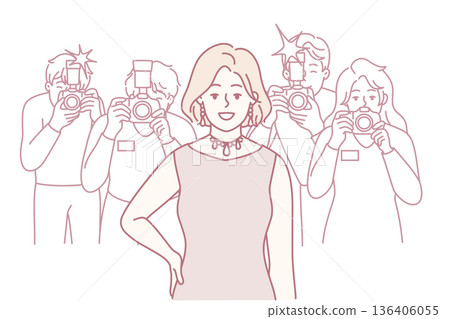 Smiling woman in dress posing for photographers and paparazzi during fashion show. Vector image Smiling woman in dress posing for photographers and paparazzi during fashion show. Vector image 136406055
