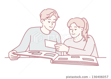 Happy couple man and woman looking at family photo album with pictures sits at table. Vector image 136406057