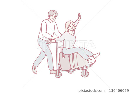 Happy man rides joyful woman on travel bag cart from airport heading for summer trip. Vector image 136406059