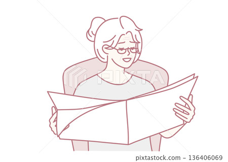 Elderly gray-haired woman reads newspaper with latest news sitting in cozy home chair. Vector image 136406069
