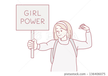 Woman feminist demonstrates sign with text girl power fighting for female rights. Vector image 136406075