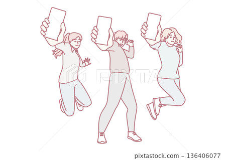 People show screen of mobile phone by stretching their hand to monitor advertising app. Vector image People show screen of mobile phone by stretching their hand to monitor advertising app. Vector image 136406077