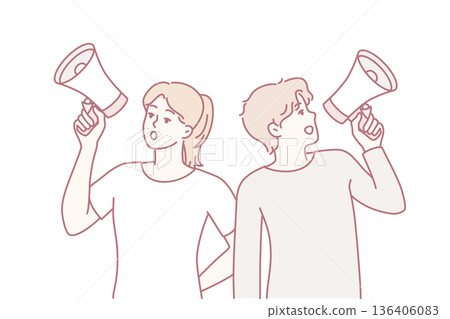 Man and woman shouting in loudspeaker to invite to event or make announcement. Vector image 136406083