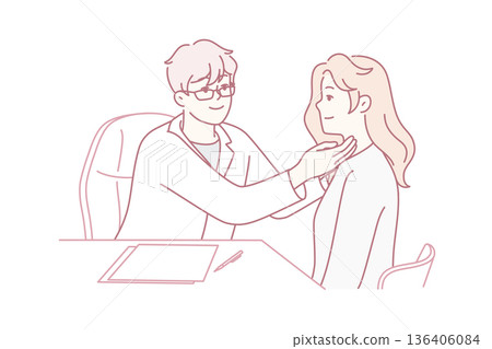 Man doctor in white coat sits at table holding out hands to throat woman patient. Vector image Man doctor in white coat sits at table holding out hands to throat woman patient. Vector image 136406084