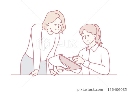 Woman manager sitting at table near assistant using clipboard with working papers. Vector image 136406085