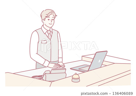 Man working as receptionist in hotel stands behind counter with laptop and phone. Vector image Man working as receptionist in hotel stands behind counter with laptop and phone. Vector image 136406089