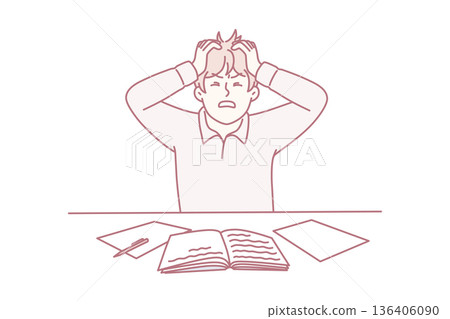 Angry man clutching head sitting at table with workbooks suffering from nervous work. Vector image Angry man clutching head sitting at table with workbooks suffering from nervous work. Vector image 136406090