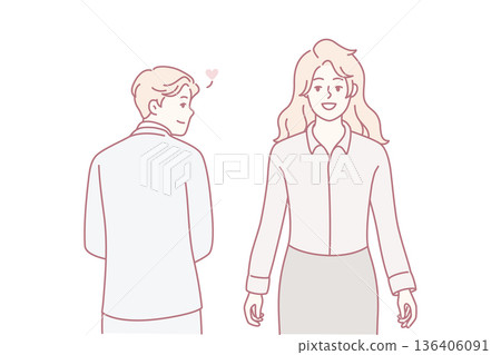 Man in business clothes looks back at beautiful woman having romantic feelings. Vector image Man in business clothes looks back at beautiful woman having romantic feelings. Vector image 136406091
