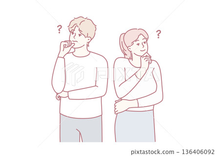 Man and woman look in different directions and scratch their chins thinking idea. Vector image 136406092