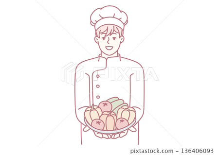 Man restaurant chef holds plate with fresh vegetables offering to make vegetable salad. Vector image 136406093